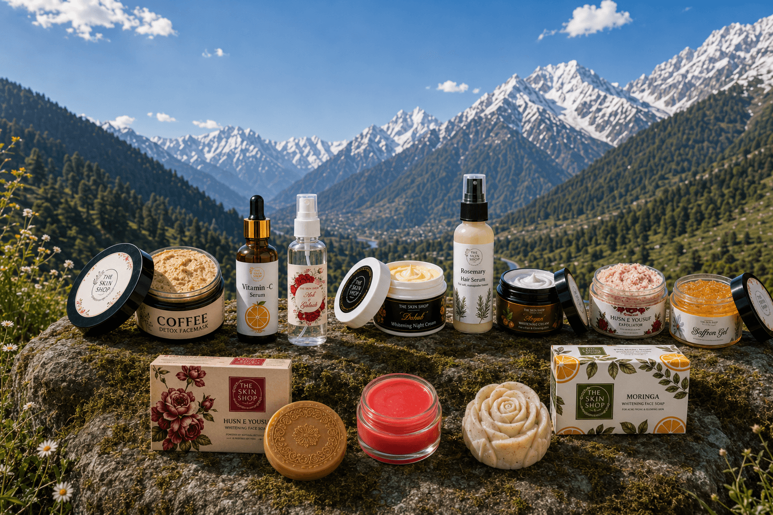 The Skin Shop's botanical skincare products displayed on a moss-covered rock against the Kashmir mountains